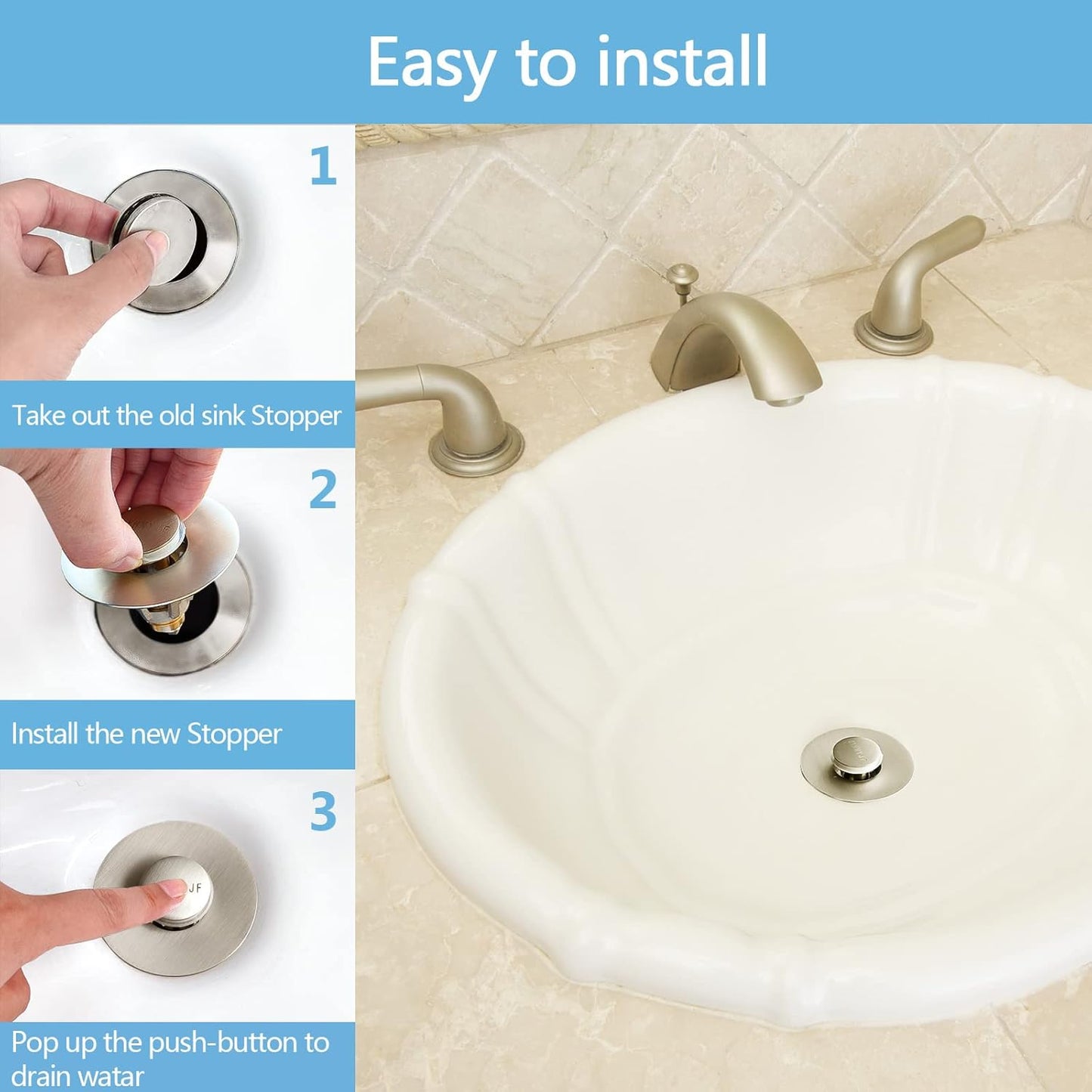 Bathroom Sink Stoppers Brushed Nickel,Pop Up Drain Stopper for Bathroom Sink,2-in-1 Sink Stopper & Strainer,Universal Wash Basin Sink Stopper,for 1.1"~1.5" Bathroom Sink Drain Pipe(Brushed Nickel)