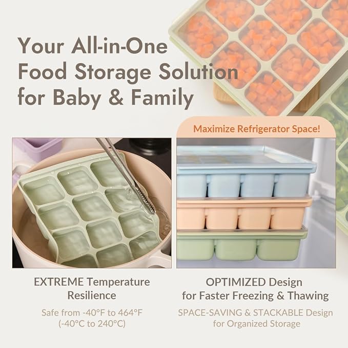 Baby Food Storage Silicone Cubes with Clip-On Lid Freezer Tray Baby Food Soups Purees Ice Safe Design Made in Korea (12cubes 1.5oz, Celadon Green Set of 2)