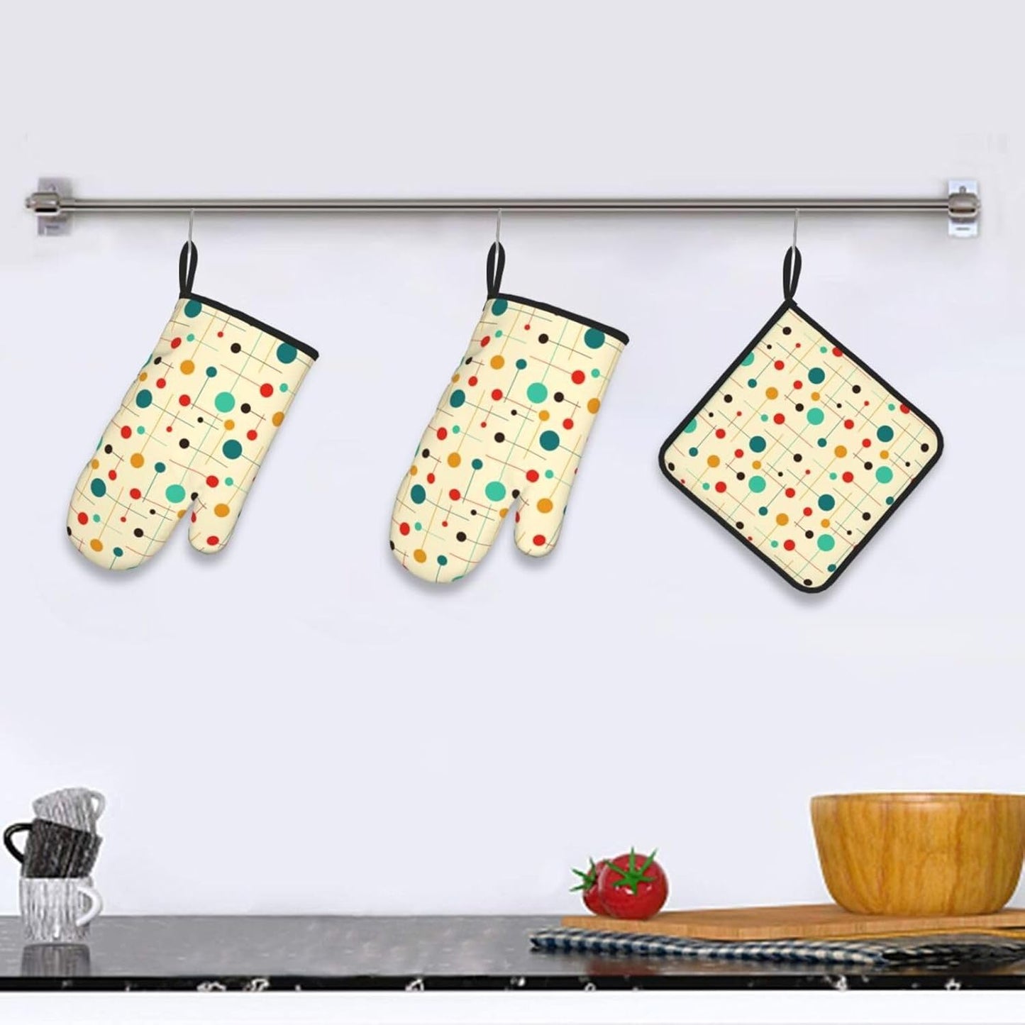 Mid Century Modern Atomic Retro Oven Mitts and Pot Holders Sets of 3 Heat Resistant Yellow Hot Pads Oven Gloves for Kitchen Cooking BBQ Baking