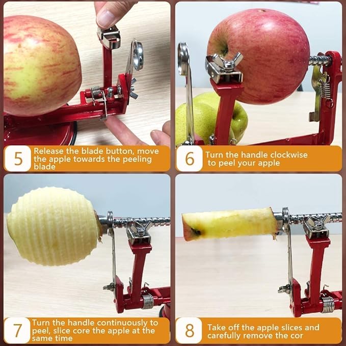 Apple Peeler, Slicer Corer Potato Peelers 3 In 1, Stainless Steel Heavy Duty Suction Cup Base And 7 Extra Blades (Red)