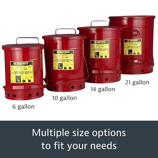 Justrite 10 Gallon Galvanized Steel Oily Waste Can, 18" x 14" Metal Oil Rag Safety Can With Foot Operated Self-Closing Lid for Oil Rag Disposal, Made in the USA, Red, 09300