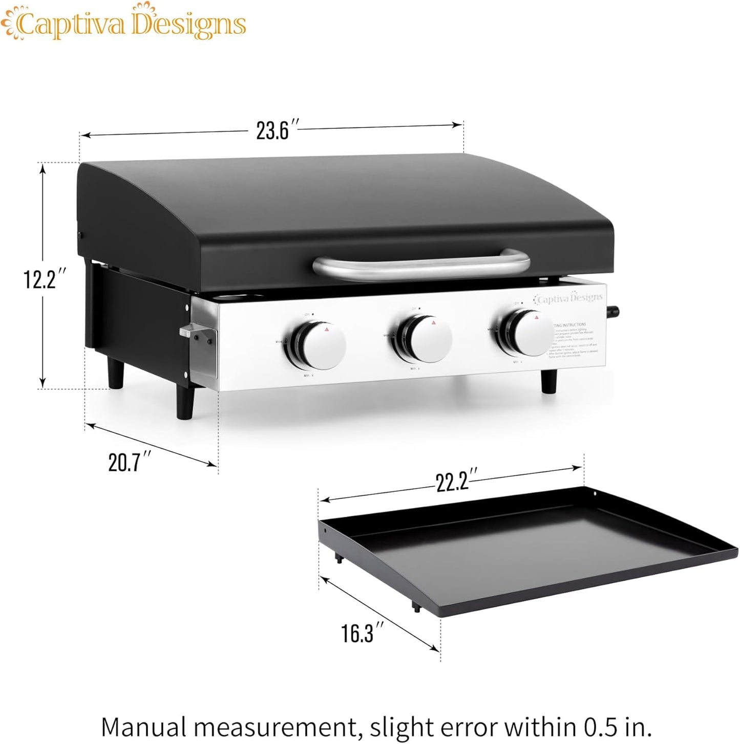 Captiva Designs 22 in Flat Top Grill with Ceramic Coated Cast Iron Pan, Portable Tabletop Propane Gas Griddle Grill for Camping, Outdoor & Tailgating Barbecue, 24,000 BTU Output, 3 Burners