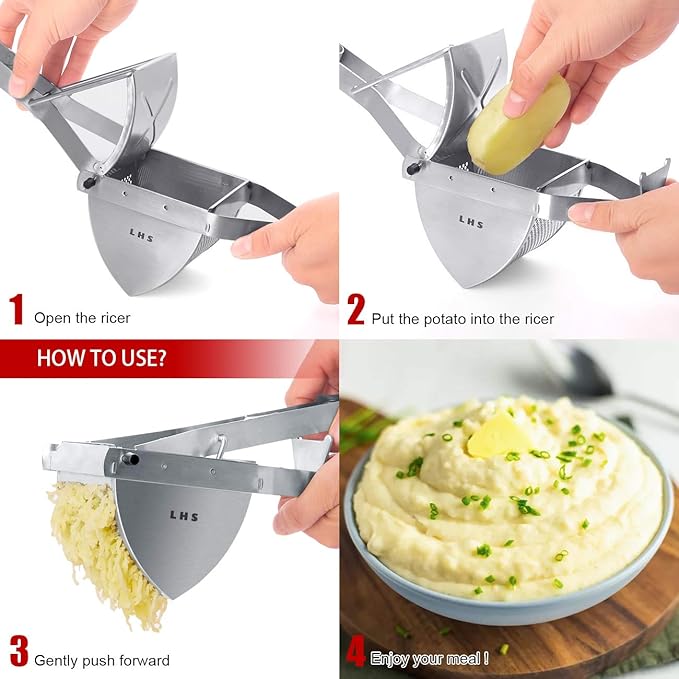 LHS Stainless Steel Potato Ricer and Masher, Heavy Duty Commercial Food Masher, Ergonomic Comfort Grip, Extra Large Capacity, Dishwasher Safe (Black)