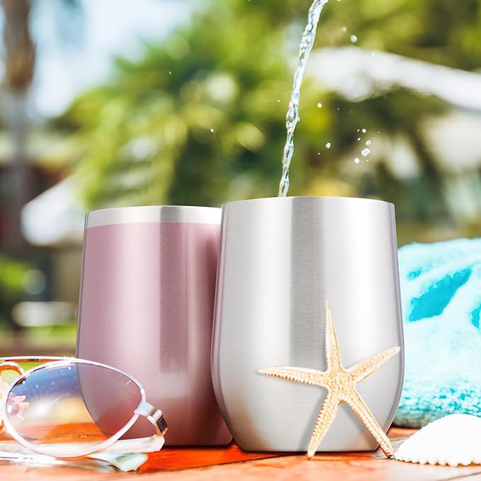 COMOOO Rose Gold Wine Tumbler 12oz Insulated Wine Cup 4 Pack with Lid and Straw Stainless Steel Wine Glass Tumbler Coffee, Wine, Champagne, Cocktails, Rose Gold