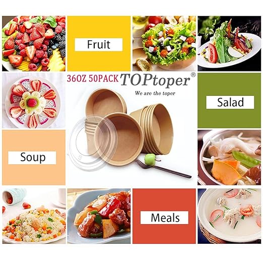 36Oz 50Pcs Large Paper Bowls with Lids, Disposable Soup Serving Bowls Bulk Party Supplies for Hot/Cold Food, Soup (36 OZ)