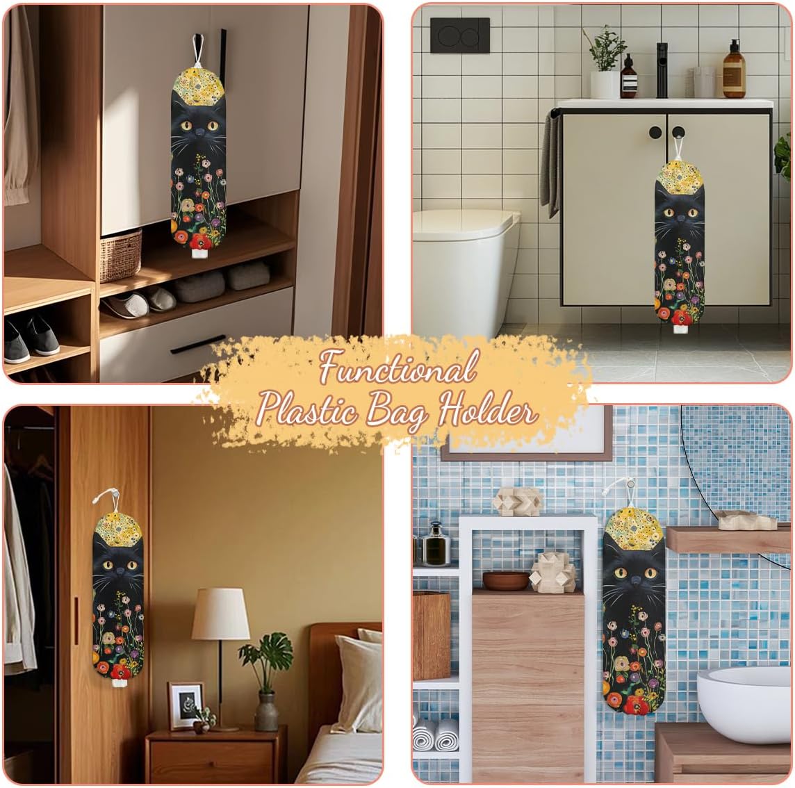 Flower Cat Plastic Bag Holder, Wall Mount Grocery Bag Holder, Plastic Storage bag, Pull Rope Free Adjustment, Plastic Bag Holders for Grocery Bags, Plastic Bag Dispenser for Home Kitchen Cabinet