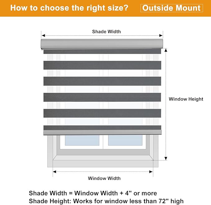 Persilux Cordless Zebra Blinds for Windows Free-Stop Roller Window Shades (22" W X 64" H, Grey) Dual Layer Light Control for Day and Night, Light Filtering Sheer Shades for Home, Easy to Install