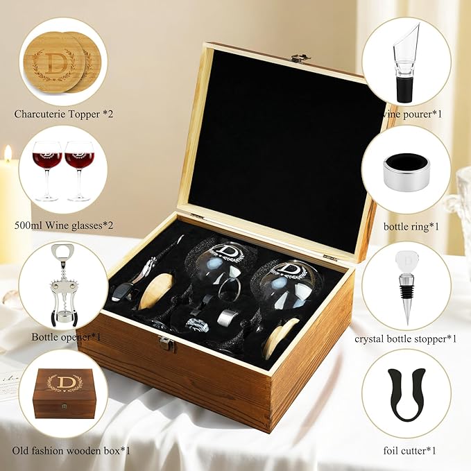 GZLDGIFTS Personalized Initial Wine Glasses Box Gift Set For Women Mom Engraved Birthday Monogrammed Wooden Christmas Gifts Wedding Anniversary Wine Couples Stopper Opener Initial Letterr (G Set)