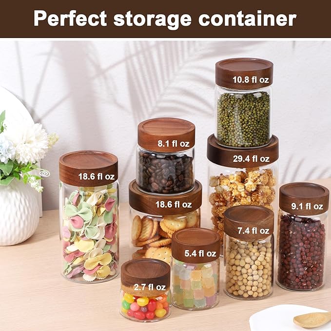 11oz Glass Jar with Airtight Lid, 4 Pack 320ml Glass Storage Jars with Wooden Lids, Wood Screw Top Kitchen Canister Clear Food Containers for Sugar, Coffee, Tea, Bean, Overnight Oats, Cookie