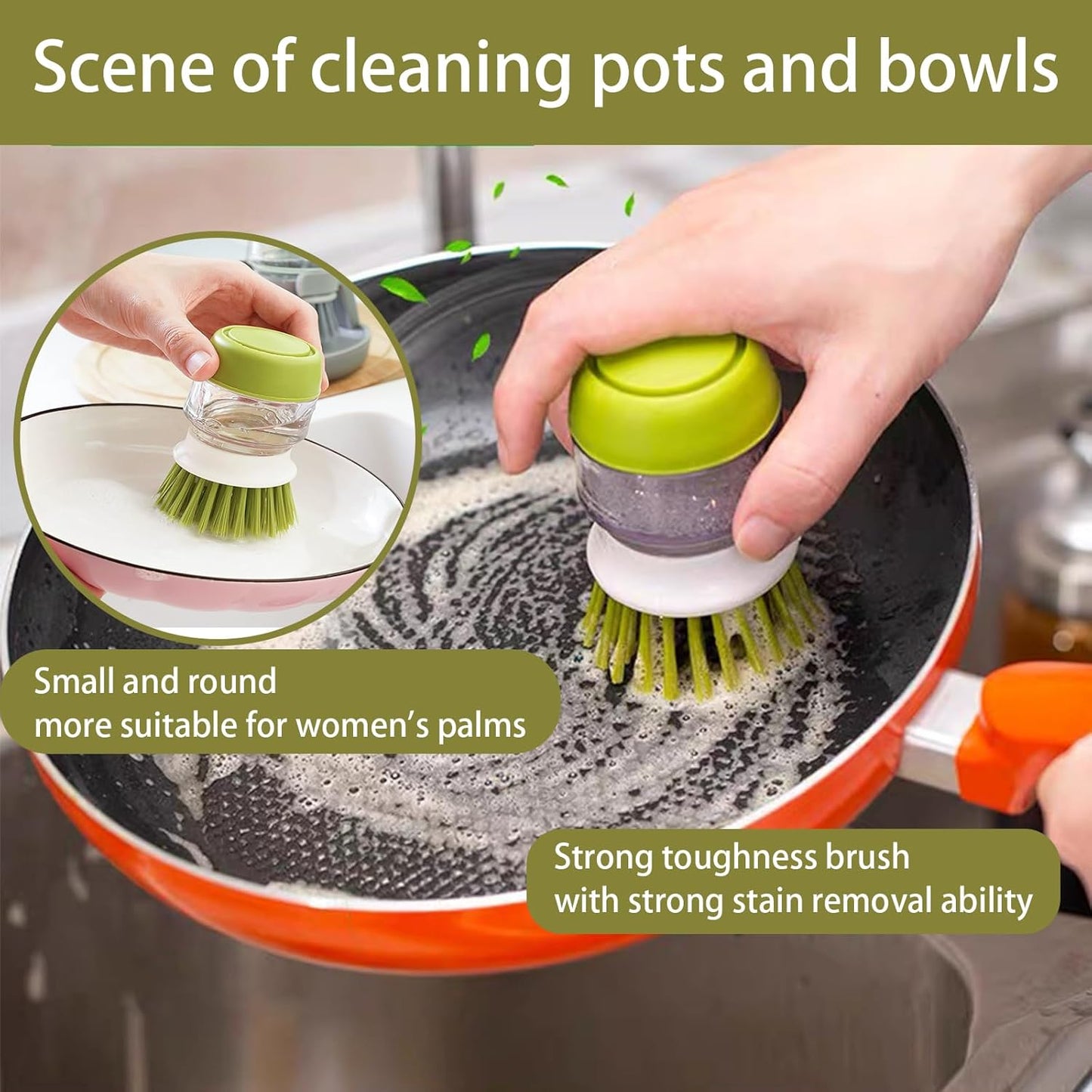 Soap Dispenser Dish Brush Palm Brush Scrub Brush Equipped with Storage Bracket and Drainage Base,Easy to Clean Kitchen Utensils and Sink, Includes a Replaceable Brush(Green)
