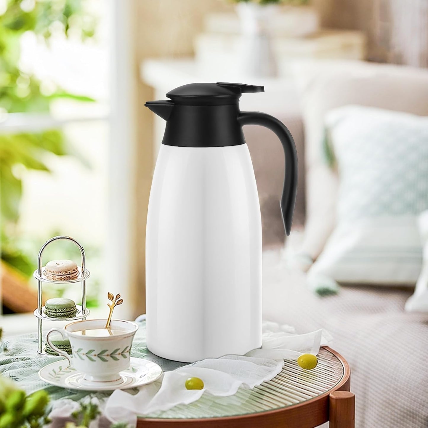 70oz Coffee Carafe Airpot Insulated Coffee Urn Stainless Steel Vacuum Thermal Pot Flask Dispenser for Coffee, Hot Water, Tea, Hot Beverage - Keep 12 Hours Hot, 24 Hours Cold -White