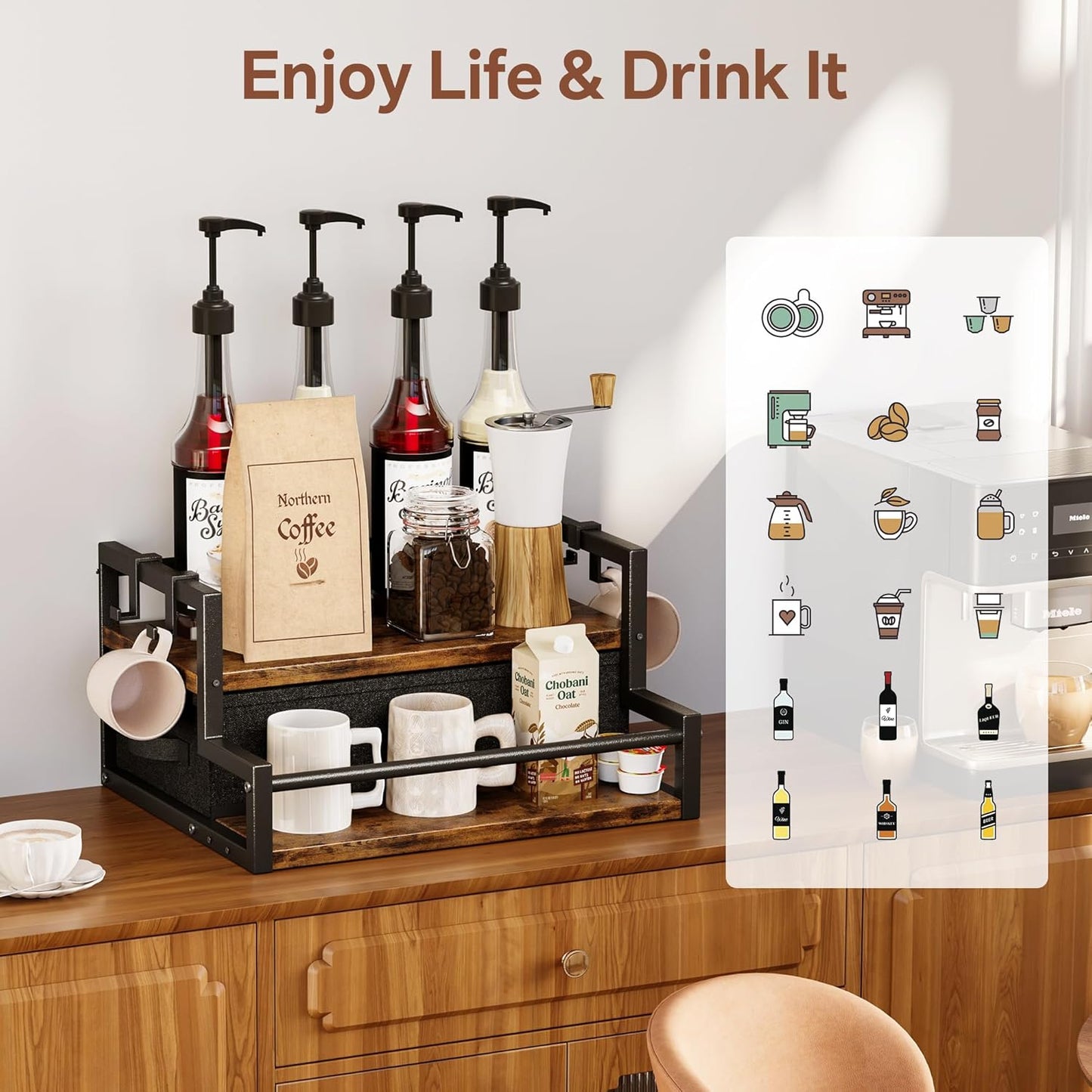 Coffee Syrup Organizer Rack, 2-Tier Coffee Bar Accessories, Bottle Holder Stand with K Cup Storage Drawer for Coffee bar, Wine Rack, Storage Shelves for Syrup. (Rustic Brown)