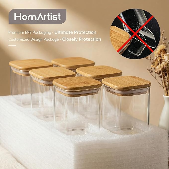 Extra Large Square Glass Flour & Sugar Storage Containers with Airtight Lids, 132 floz & 63 floz - 2 Pack Glass Jars with Bamboo Lids, Air tight Food Storage Containers for Cereal, Pasta, Rice