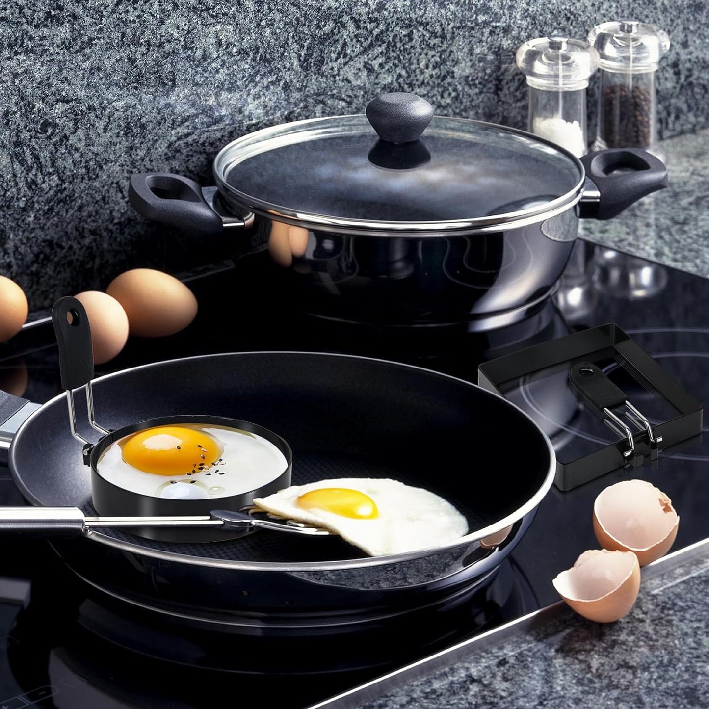 4'' Round+Square Egg Rings Set with Silicone Handle, Stainless Steel Egg Cooking Rings,Nonstick,For Frying Eggs and Egg Mcmuffins, Egg Mold For Breakfast