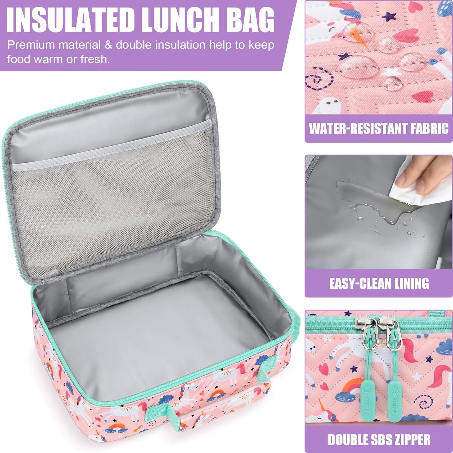Fimibuke Kids Bento Lunch Box with 4 Compartments, Insulated lunch Bag, Stainless Steel Insulated Water Bottle, Ice Pack & Utensils Set, Birthday Gifts for Ages 3-12 Back to School Toddler Girls Boys