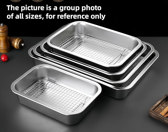 Stainless Steel Sturdy Roasting Pan with Cooling Rack – Oven, Toaster & Grill Safe, Deep Edge, Smooth Finish, Dishwasher Safe – Perfect for Turkey, Chicken, BBQ (15.5x11.6x2.8in)