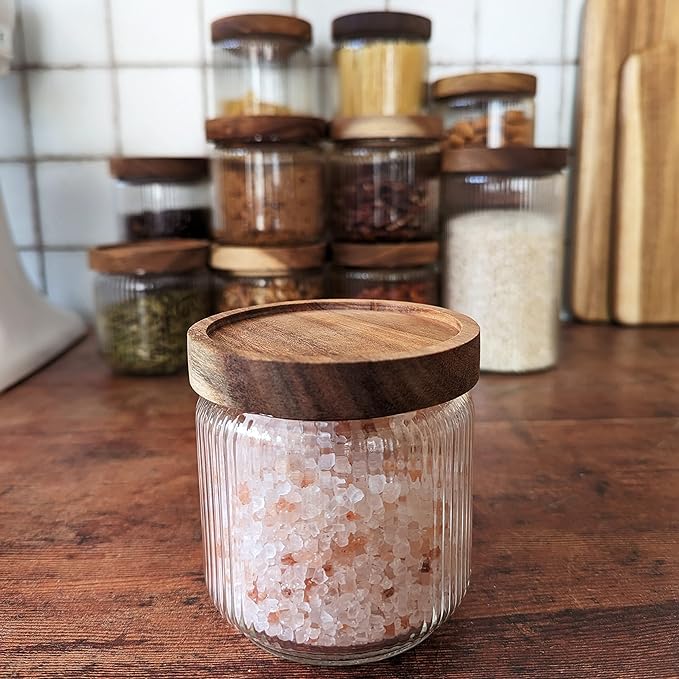 Mason & Fable 12 fl oz, 350ml Glass Food Storage Jars with Wood Lids (6pcs) - Stylish Ribbed Pattern for Kitchen Organization and Storage Containers for Spice, Tea, Coffee/Sugar