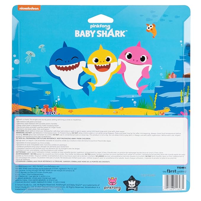 First Years Baby Shark Toddler Dinnerware Set - Includes Plate, Bowl, Fork and Spoon - 4 Count, Blue