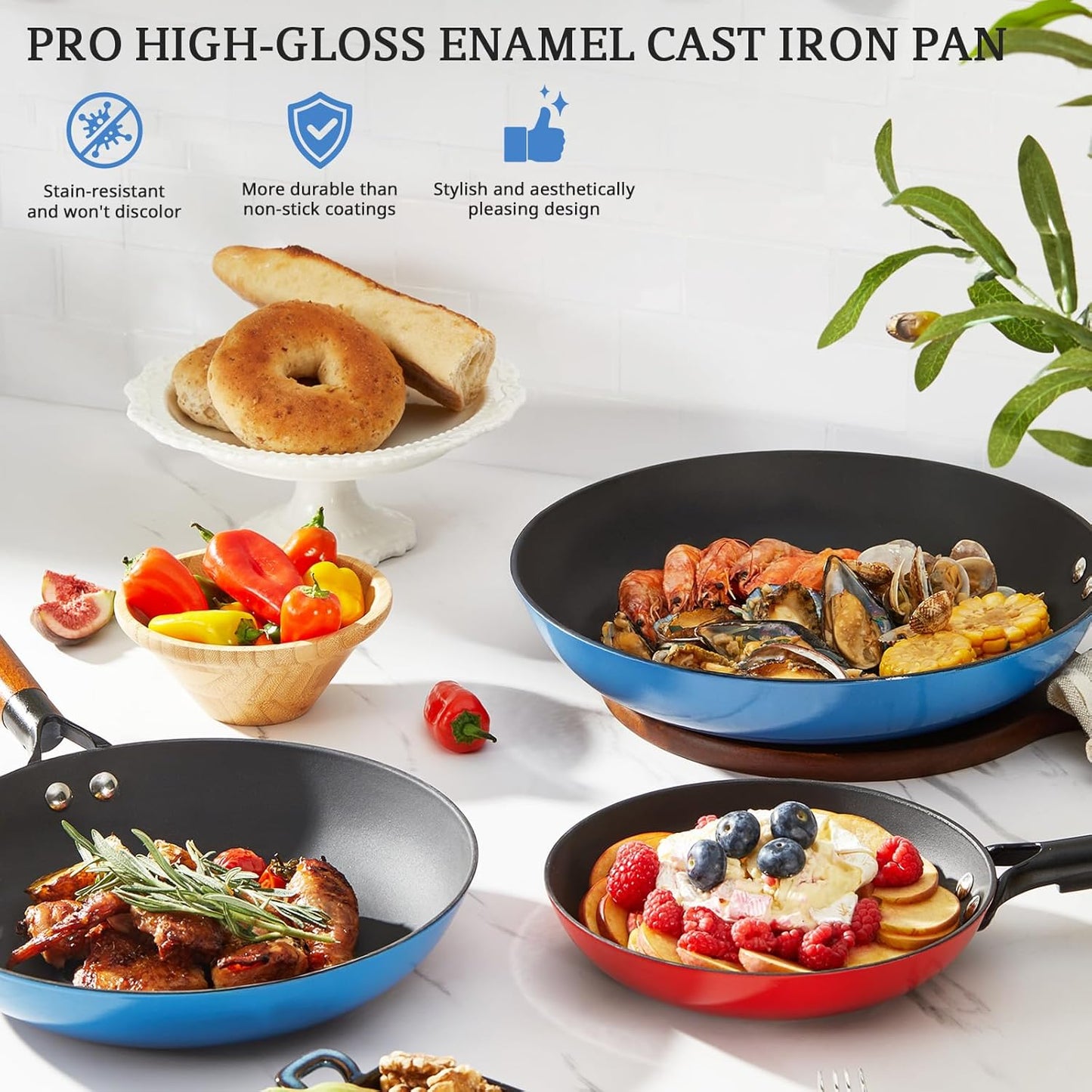 KITESSENSU Titanium Non Stick Frying Pan 8' - Deep Enameled Cast Iron Skillet - Cast Iron Pan for Compatible With All Stovetops - Gradual Cobalt Blue
