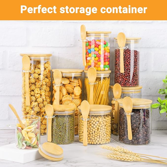Glass Jars with Bamboo Lids and Spoons - 2 Pack 31 Fl.oz Round Flour Sugar Storage Containers Set, Includes Labels, Marker and Brush, Clear Glass Canister for Kitchen Pantry, Cereal, Rice, Pasta
