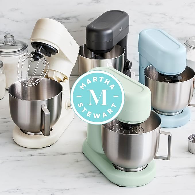 Martha Stewart Stand Mixer, 12 Speed, Tilt-Head, 5.3QT Stainless Steel Bowl, Splash Guard with Pour Chute, Whisk, Dough Hook, Flat Beater, Electric Kitchen Baking Mixer, Bread, Cake, Whip, Caviar Gray