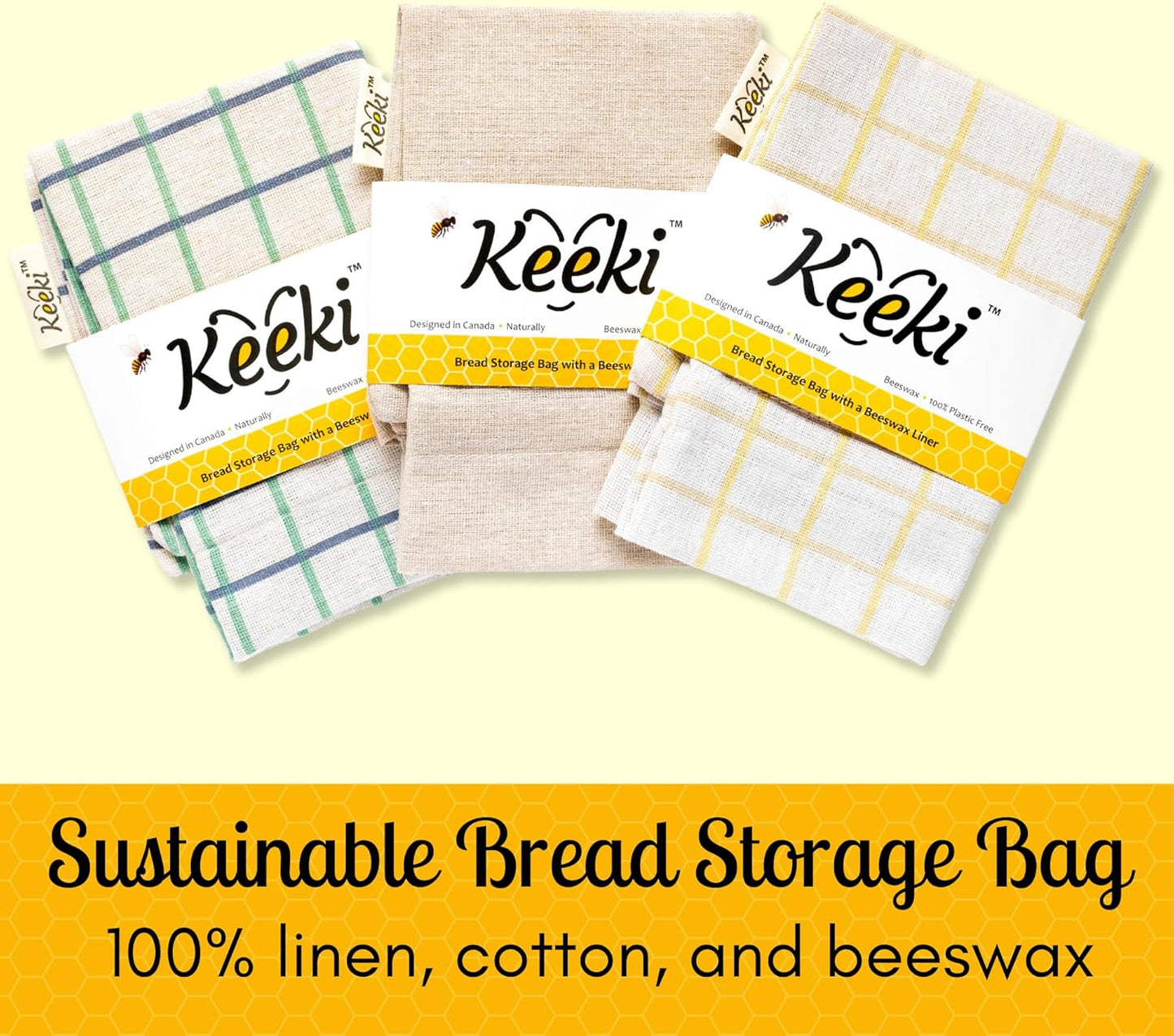 Keeki Bag - The Original Beeswax Lined Bread Bag for Homemade & Sourdough | Reusable Linen Bread Storage | Beeswax Wrap Alternative | Plastic-Free Storage w/Wide Opening & Drawstring Closure - Yellow