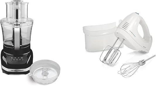Hamilton Beach Big Mouth Duo Plus 12 Cup Food Processor & Vegetable Chopper with Additional Mini 4 Cup Bowl, Black & 6-Speed Electric Hand Mixer with Whisk, Traditional Beaters