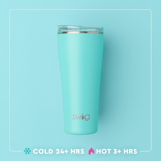Swig Life 32oz Insulated Tumbler, Travel Coffee Tumbler with Lid, Cup Holder Friendly Travel Coffee Mug, Stainless Steel, 32 oz, Reusable Insulated Mug with Lid (Sea Swirl)