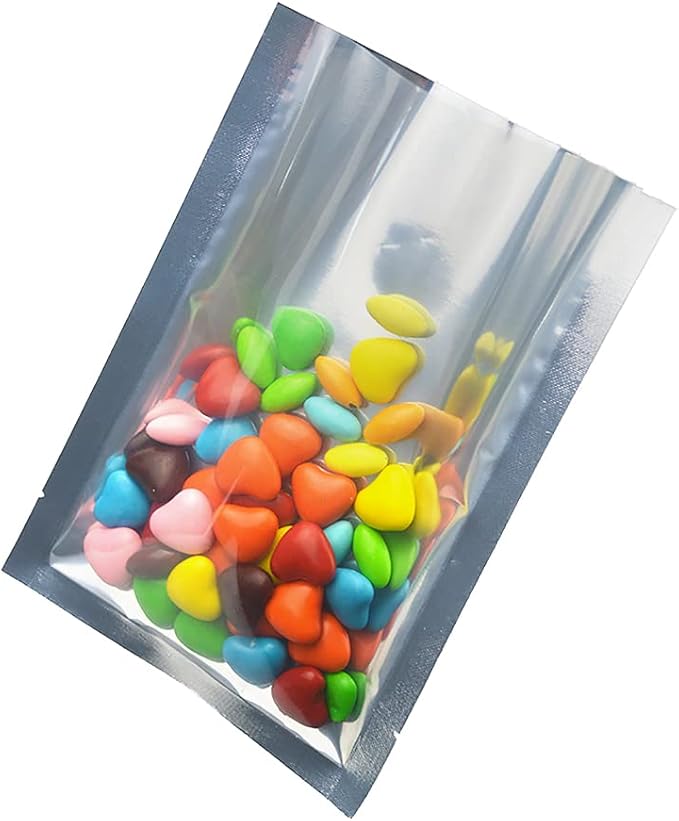 Silver Aluminum Foil Pouch Heat Seal Front Window Plastic Mini Open Top Flat Vacuum Packaging Mylar Bag Food Small Sample Mylar Storage with Tear Notch (500, 10x15cm(3.9x5.9 inch))