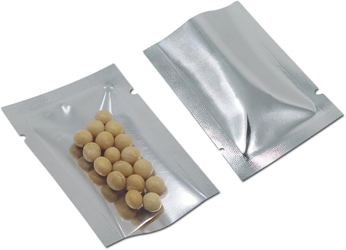 Silver Aluminum Foil Pouch Heat Seal Front Window Plastic Mini Open Top Flat Vacuum Packaging Mylar Bag Food Small Sample Mylar Storage with Tear Notch (200, 11x16cm (4.3x6.3 inch))