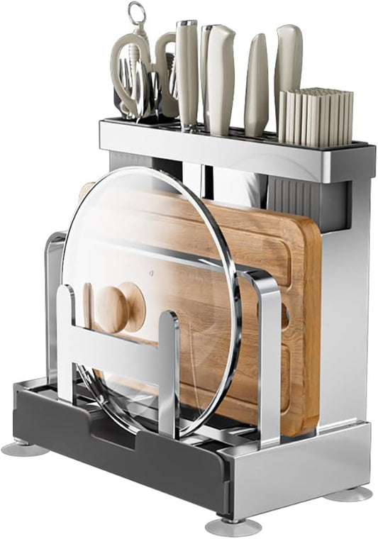 Multifunctional Cutting Board, Knife Drying Rack Kitchen Countertop Pot Lids Organizer, Knife Block Holder with Drain Tray Utensil Holders Bakeware Cookware Chopping Board Storage Stand