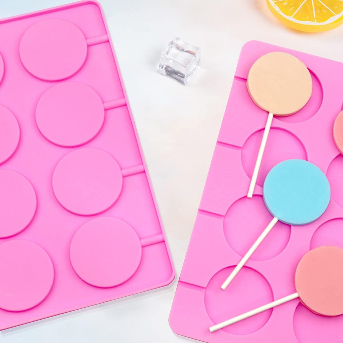 8-Capacity Large Silicone Lollipop Molds, Chocolate Hard Candy Mold with 60pcs Sucker Sticks, Candy Treat Bags, Gold Ties. Great for Sucker, Hard Candy, Lollipop, Cake pop (Large Round)