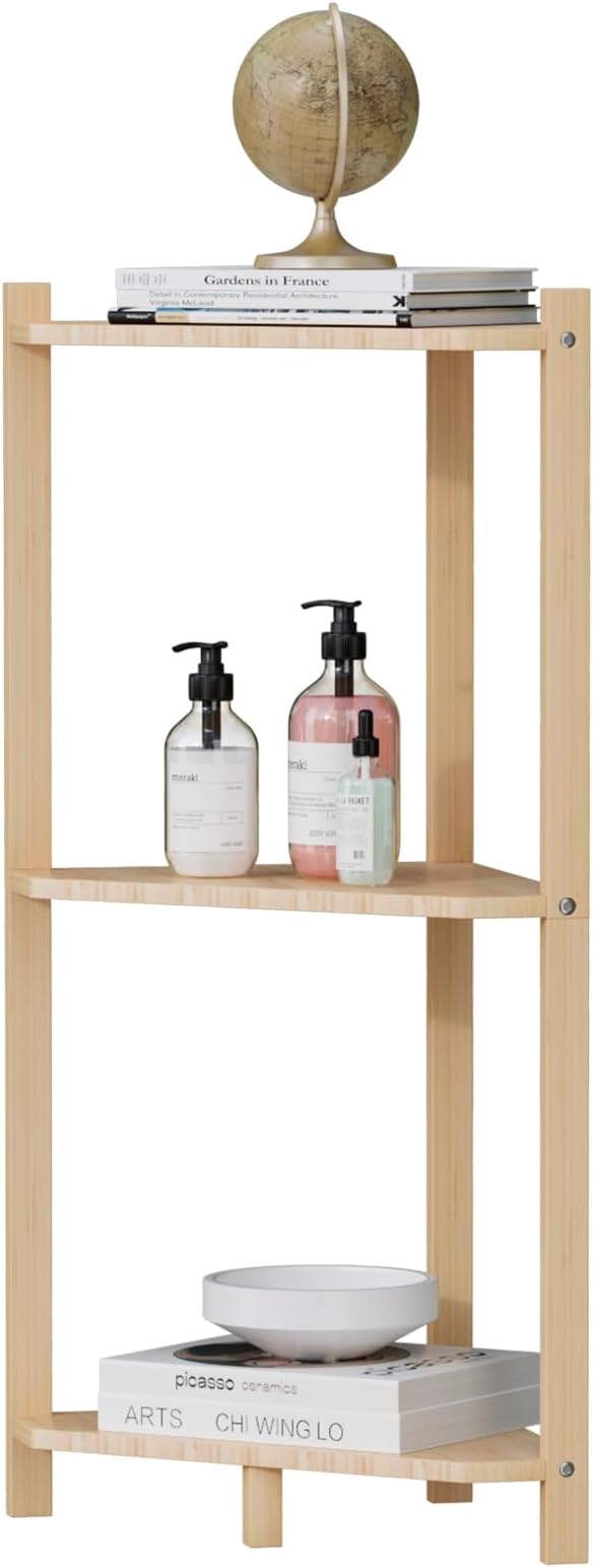 Wisuce Corner Shelf, 100% Real Bamboo Shower Corner Shelves Free Standing Shelf Storage Organizer for Bathroom Living Room Kitchen (Natural, 3 Tier)