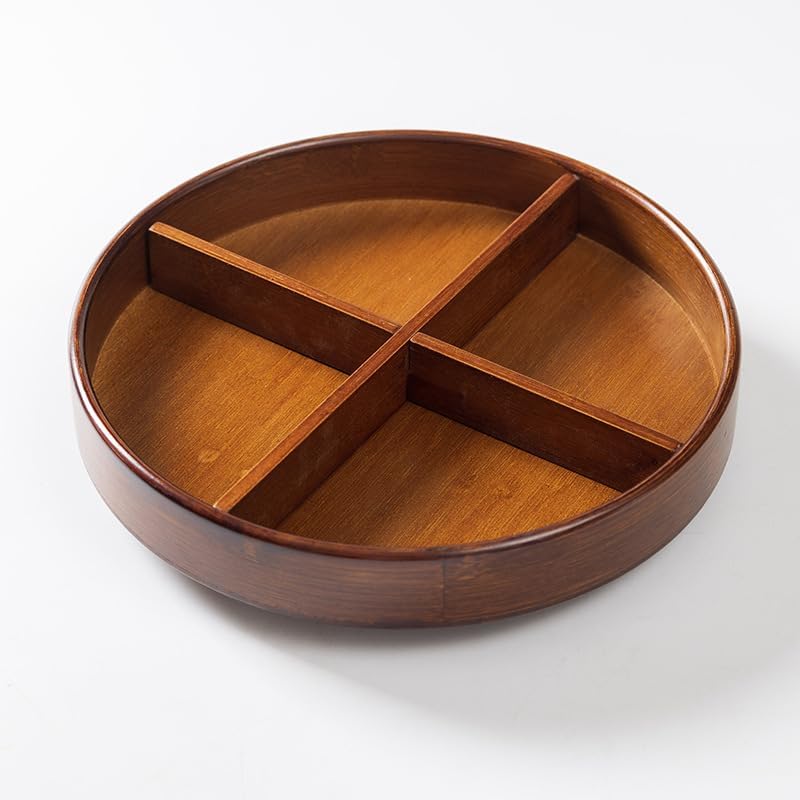 Bamboo Lazy Susan Organizer, 12'' Turntable Bamboo Tray with Removable Dividers, Rotating Spice Rack, Large Lazy Susan Turntable Organizer for Cabinet, Kitchen, Bathroom, Table