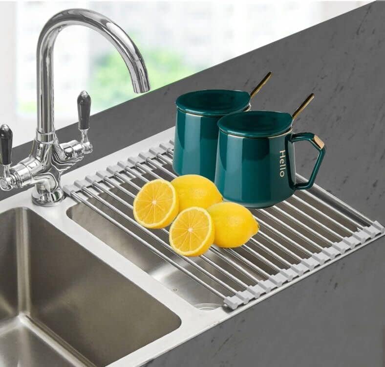 Ahyuan Roll up Dish Drying Rack Over The Sink Kitchen Roll up Sink Drying Rack Portable Dish Drainer Foldable Dish Drying Rack (Warm Gray, 17.8''X11.8'')