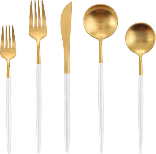 Matte White Gold Silverware Set, Oliviola 40-Piece Stainless Steel Flatware Cutlery Set Service for 8, Satin Finish Kitchen Utensil Set, Dishwasher Safe