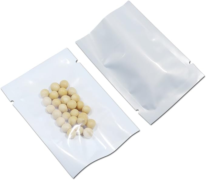 PABCK 200 Pcs 3.1x4.7 inch (Usable Size 2.75x4.3 inch) White Front Clear Open Top 2.8mil Plastic Vacuum Pouch Heat Sealable Bags for Food Storage Packets Mini Sample with Tear Notches