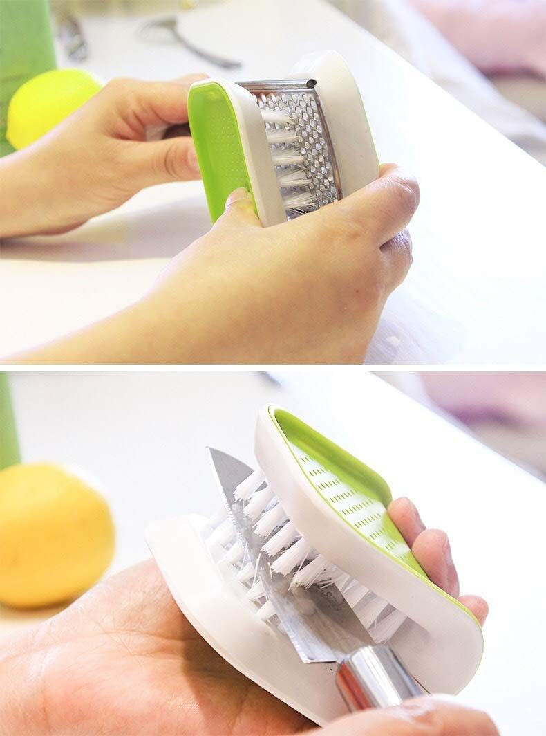 Non-Slip Blade Brush, Knife Cleaner, ABS Cutlery Cleaner, Green Double Sided Bristle Scrubber for Kitchen Chopsticks Fork Spoon Knives Washing by Doxishruky (Green, 1pc)
