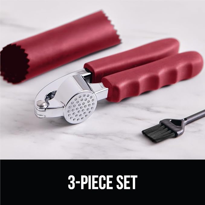 GORILLA GRIP Garlic Press and Peel Set, Heavy Duty Mincer Tool, Large Ergonomic Handle, Easily Mince and Crush Garlics, Ginger, Nuts, Seeds, Peeler Included, Peeling Cloves, Kitchen Gadgets, Red