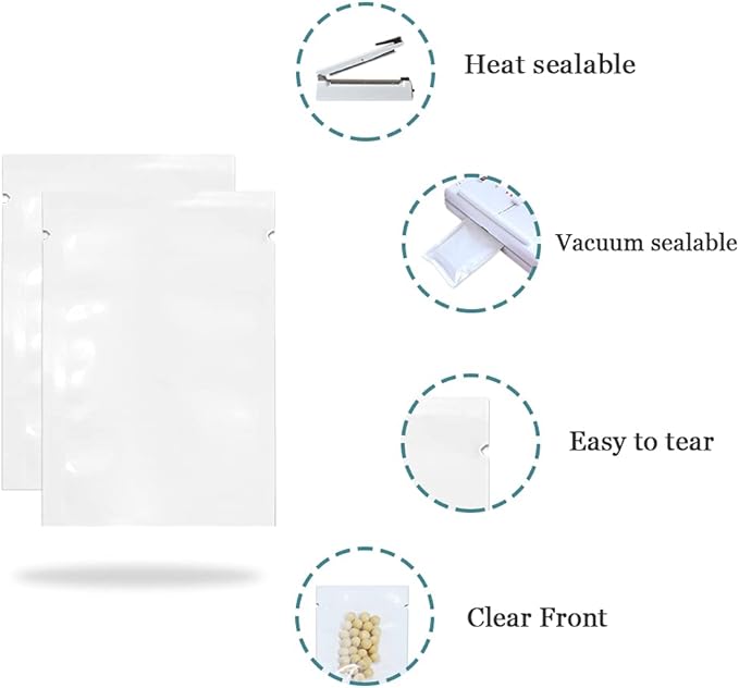 PABCK 100 Pack 7.1x10.2 inch (Usable Size 6.7x9.8 inch) White Clear Front Open Top 2.8mil Plastic Vacuum Pouch Heat Sealable Bags for Food Storage Packets Mini Sample with Tear Notches