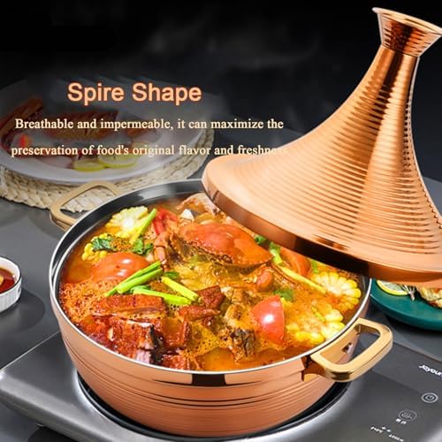 Large Stainless Steel Moroccan Tagine Pot, 30cm Non-Stick Casserole with Cone Lid & 2 Handles, Elegant Gold Tajine Cookware for Authentic Moroccan Cooking