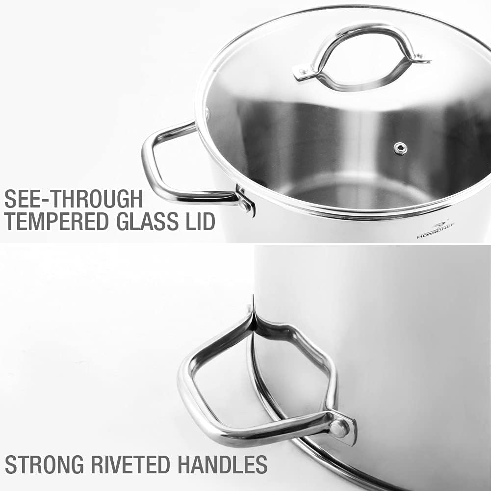 HOMICHEF 16 Quart LARGE Stock Pot with Glass Lid - NICKEL FREE Stainless Steel Healthy Cookware Stockpots with Lids 16 Quart - Mirror Polished Induction Pot - Commercial Grade Soup Pot