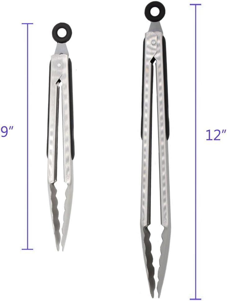 304 Stainless Steel Kitchen Cooking Tongs, 9" and 12" Set of 2 Sturdy Grilling Barbeque Brushed Locking Food Tongs with Ergonomic Grip, Black