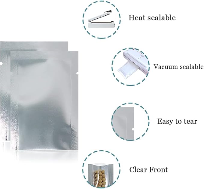 Silver Aluminum Foil Pouch Heat Seal Front Window Plastic Mini Open Top Flat Vacuum Packaging Mylar Bag Food Small Sample Mylar Storage with Tear Notch (500, 10x15cm(3.9x5.9 inch))