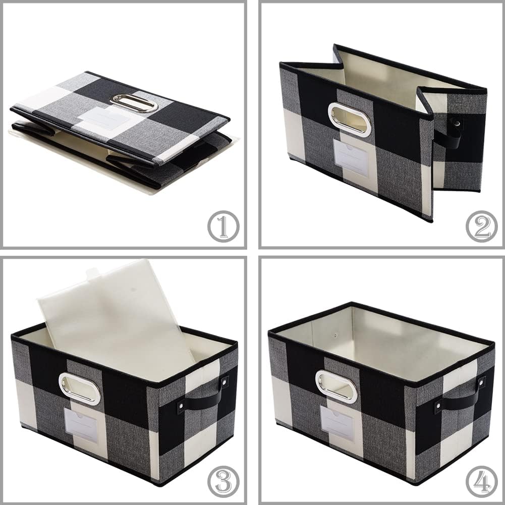 PRANDOM Fodable Storage Bins for Closet [3-Pack] Decorative Fabric Storage Baskets Cubes with Leather/Metal Handles for Shelves Bedroom Living Room Black and White Grid (11.5x8.5x6.7 Inch)
