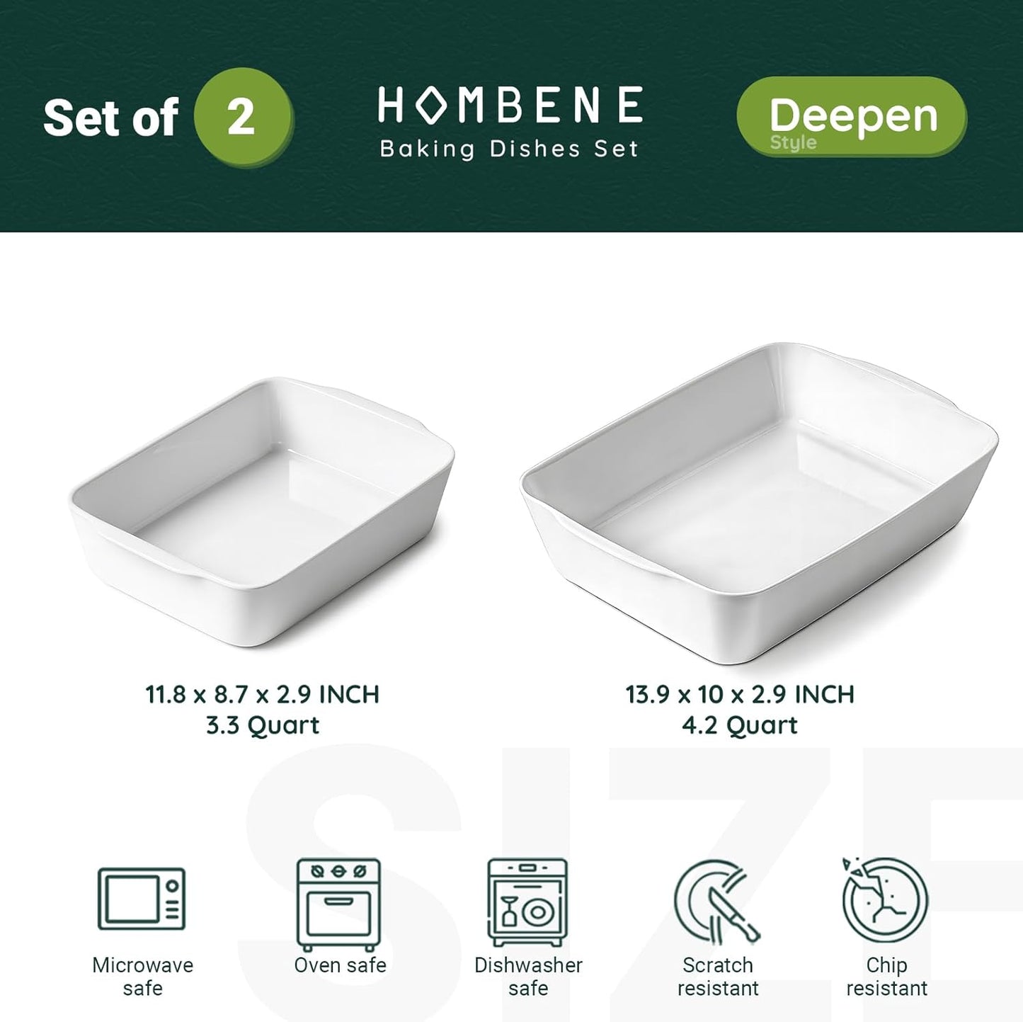 Ceramic Baking Dish Set for 2, Casserole Dish,Ceramic Baking Pan, Bakeware for Baking, Kitchen Decor, Microwave Oven Safe (3.3QT/4.2QT)