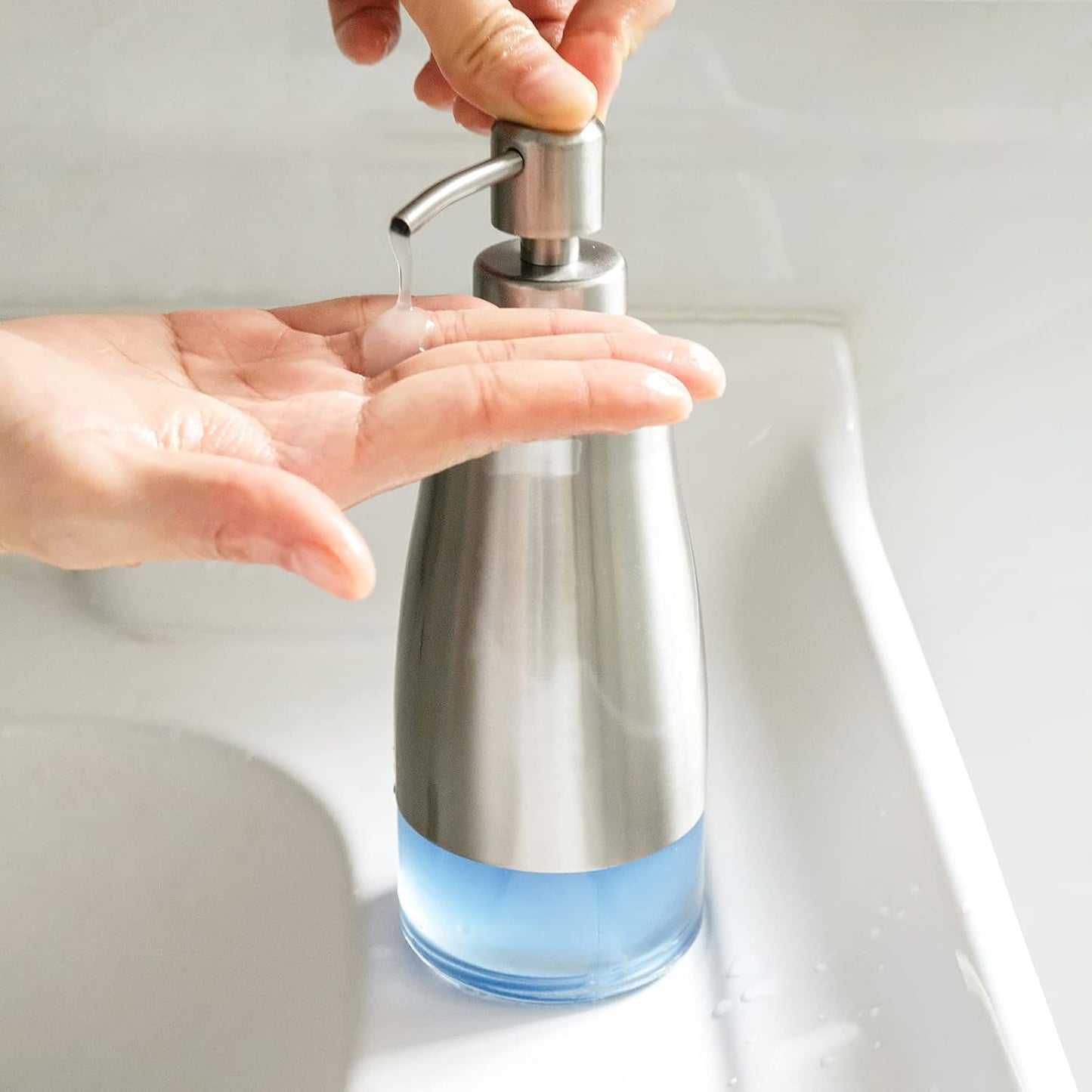 Soap Dispenser With Non-Slip Silicone Pad - 2 Pack, Stainless Steel Case Glass Liner Hand Pump for Kitchen and Bathroom