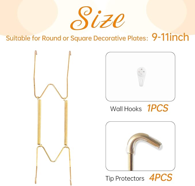 Plate Hangers for The Wall, Suitable for 9-11 inch Decorative Plate, Stainless Steel Wire Plate Holder with Wall Hooks and Rubber tip Protectors, Plate Hangers for Displaying Plates, Platter, Gold