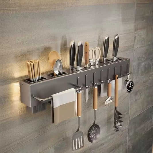 Wall-Mounted Kitchen Organizer - Knife & Utensil Holder with Hooks for Cooking Tools & Towels | Space-Saving Kitchen Storage Rack | Heavy-Duty, Easy Installation & Rust-Resistant.
