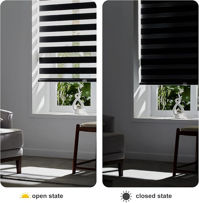 Persilux Cordless Zebra Blinds for Windows (58" W X 72" H, Black) Free-Stop Roller Windows Shades Dual Layer Light Control for Day and Night, Light Filtering Sheer Shades for Home, Easy to Install